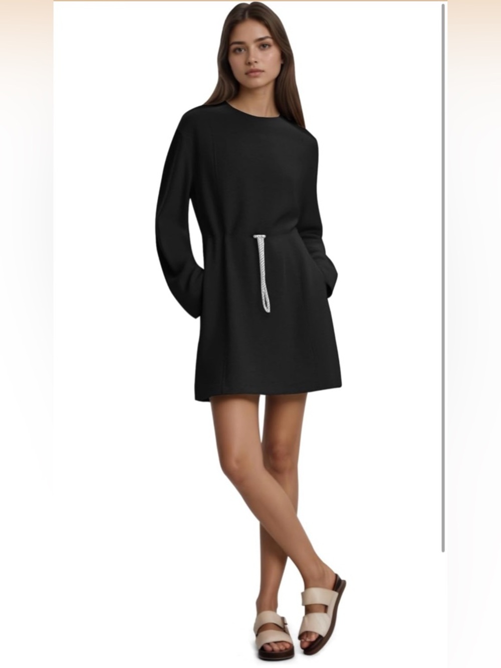 Cocomarts Small Black Long Sleeve Sweatshirt Dress Drawstring Waist Pockets NWT